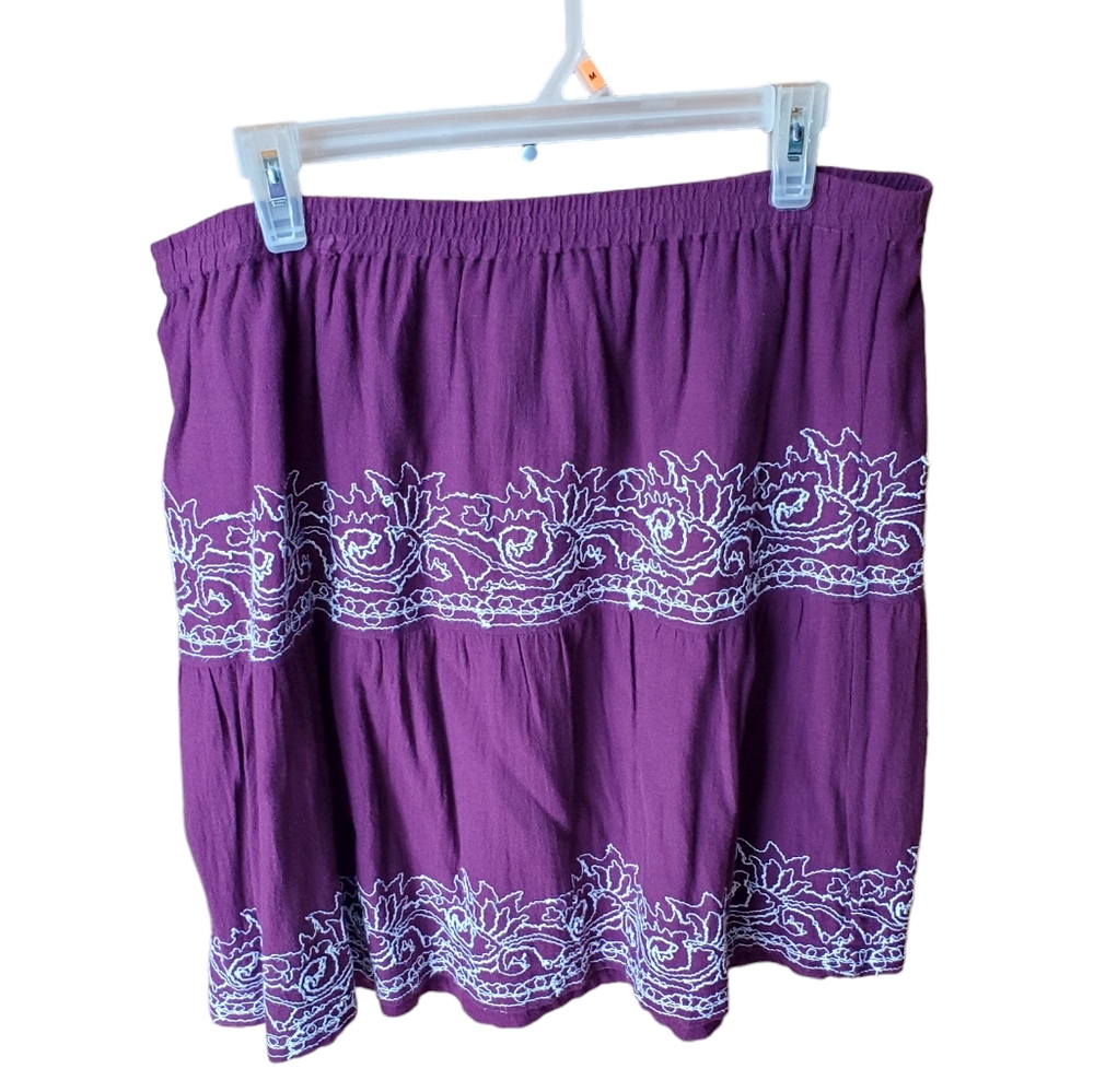 Lord & Taylor Merlot Embroidered Tiered Gauzy Cotton Skirt LP